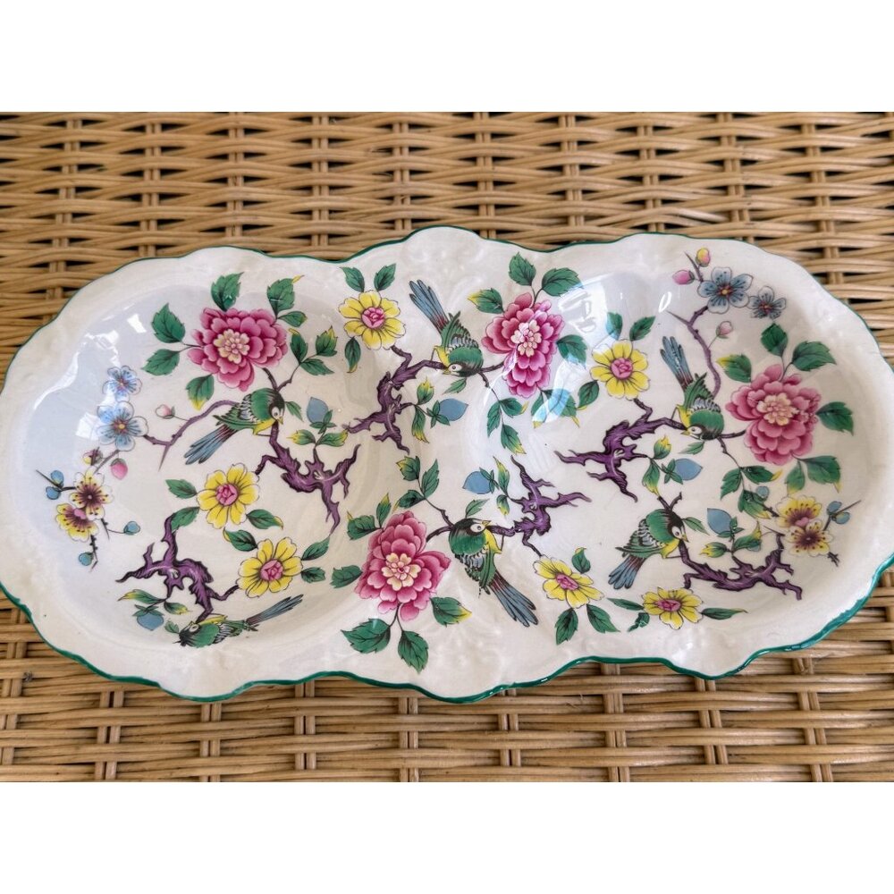 Vintage 50's James Kent Foley Staffordshire Chinese Rose Divided Dish Birds - Picture 10 of 11